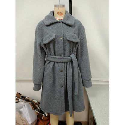 Trendha mid-length belted single-breasted plush trench coat in black, blue grey, and caramel colours