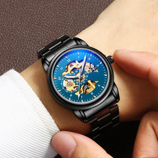 Men's Fashion Simple Leather Waterproof Luminous Mechanical Watch with Stainless Steel Case and Leather Strap
