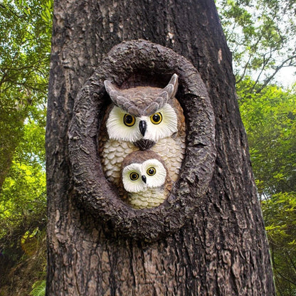 Charming mother and child owl resin ornament for hanging in British gardens and outdoor spaces