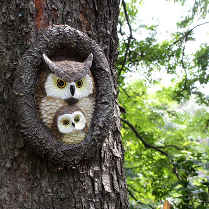Charming mother and child owl resin ornament for hanging in British gardens and outdoor spaces