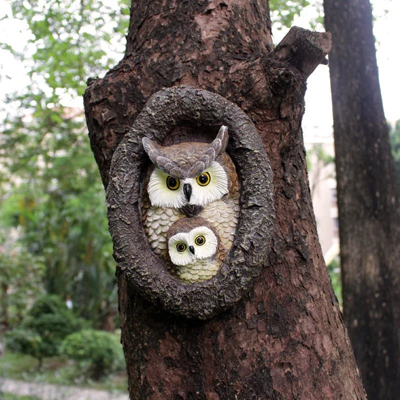 Charming mother and child owl resin ornament for hanging in British gardens and outdoor spaces
