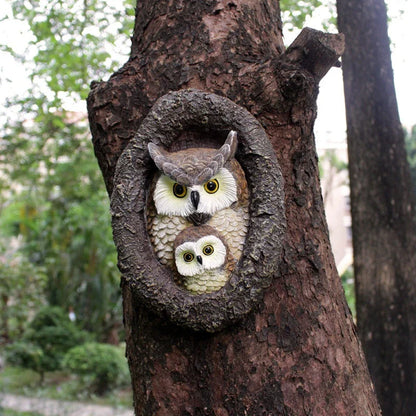 Charming mother and child owl resin ornament for hanging in British gardens and outdoor spaces