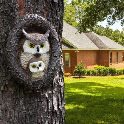 Charming mother and child owl resin ornament for hanging in British gardens and outdoor spaces