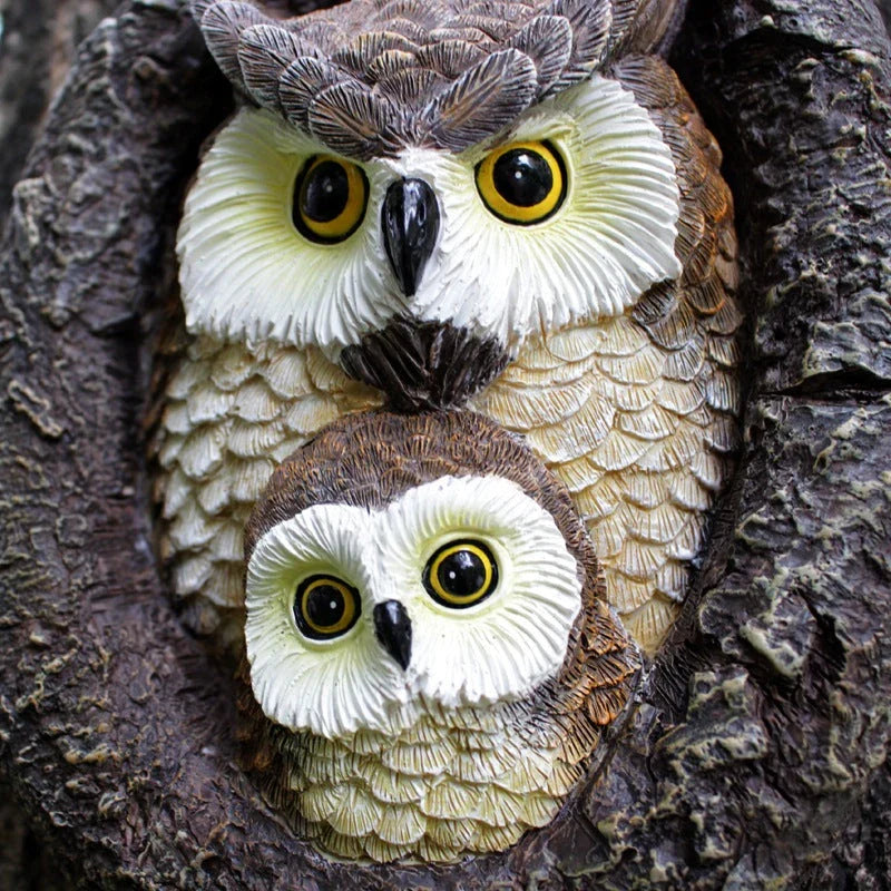 Charming mother and child owl resin ornament for hanging in British gardens and outdoor spaces