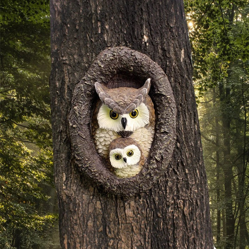 Charming mother and child owl resin ornament for hanging in British gardens and outdoor spaces