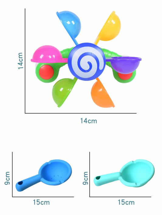 Colourful children's water wheel bath toy with spinning rainbow-coloured waterwheels