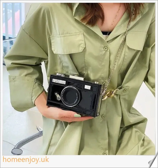 Camera Shaped Leather Glossy Single Shoulder Crossbody Bag in various colours, including red, green, black, silver, and coffee