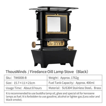 Portable retro oil lamp stove with a warm, flickering light for outdoor camping and picnics