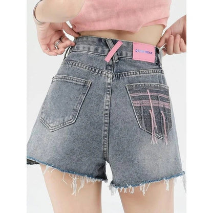 Women's casual high waist embroidered denim shorts in various sizes