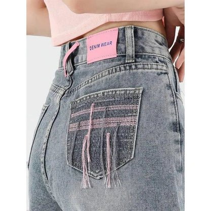 Women's casual high waist embroidered denim shorts in various sizes