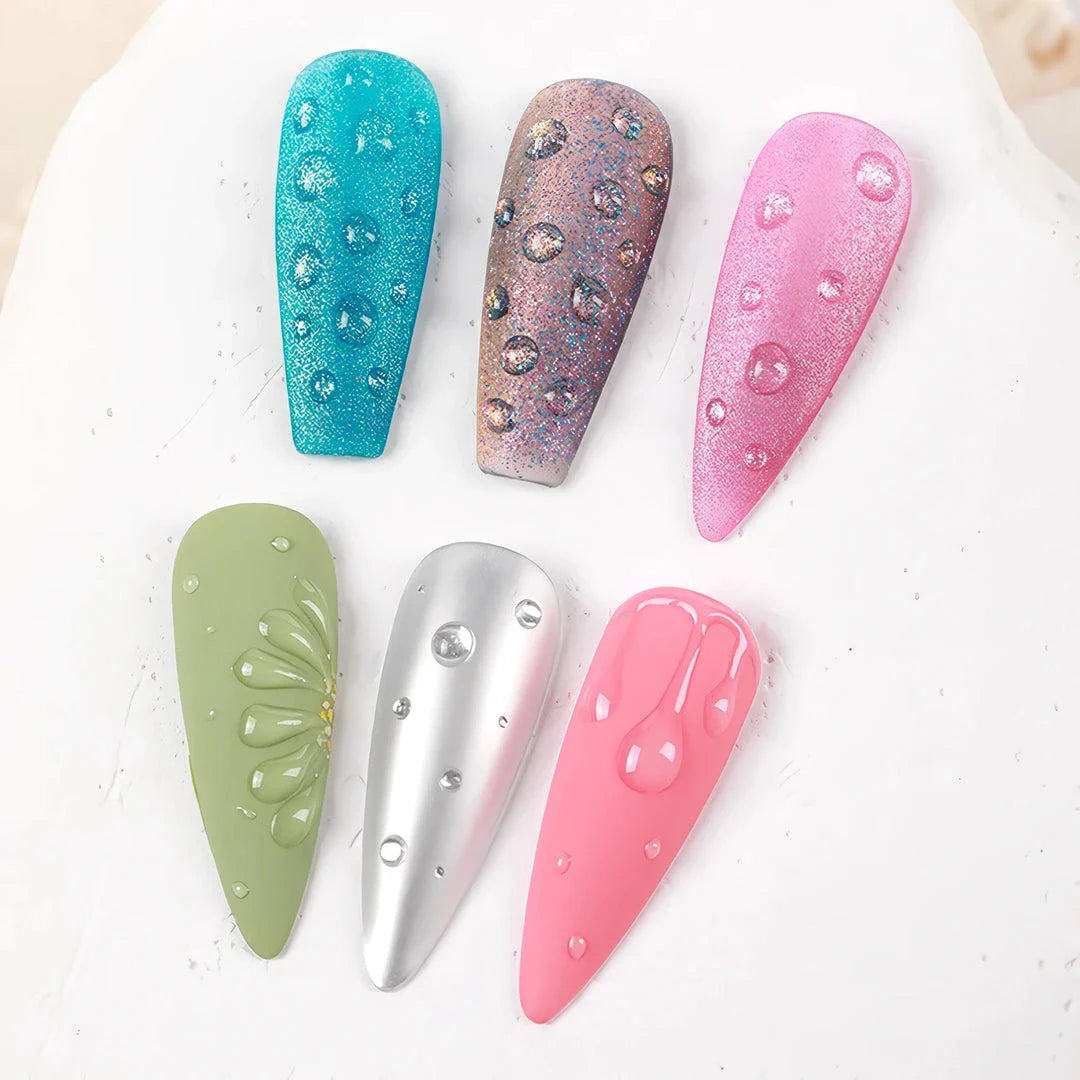Close-up of nails with clear water drop wave gel, showcasing a sophisticated and unique nail art design