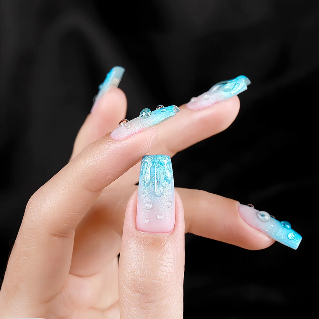 Close-up of nails with clear water drop wave gel, showcasing a sophisticated and unique nail art design