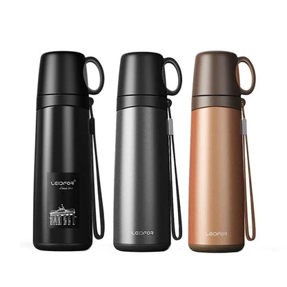 Premium business thermos with cup, made of stainless steel for long-lasting temperature retention and durable construction.