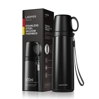 Premium business thermos with cup, made of stainless steel for long-lasting temperature retention and durable construction.
