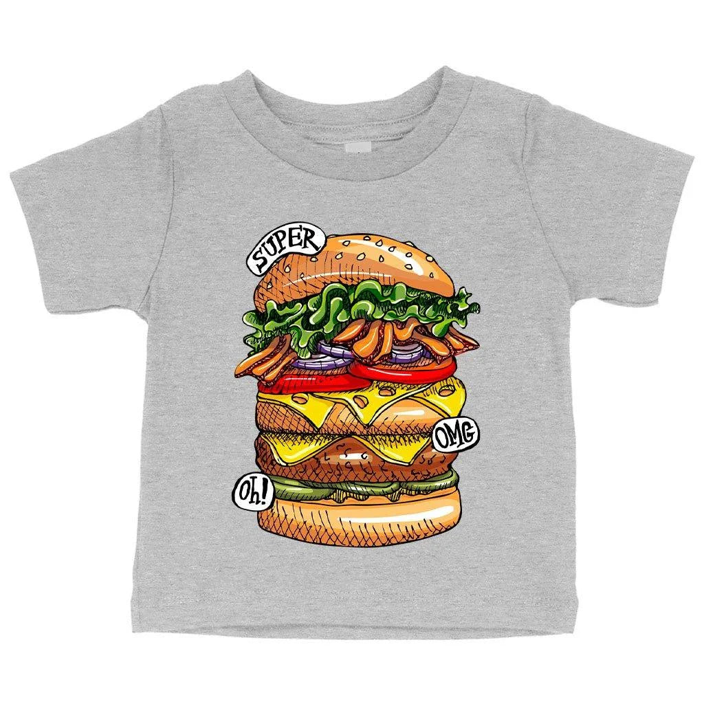 Adorable baby wearing a white t-shirt with a stylish burger design, perfect for food-loving tots