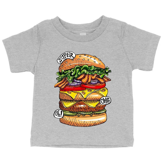 Adorable baby wearing a white t-shirt with a stylish burger design, perfect for food-loving tots