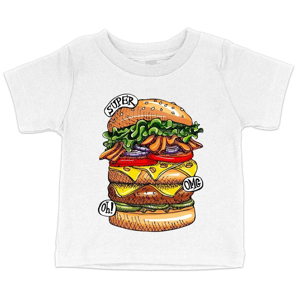 Adorable baby wearing a white t-shirt with a stylish burger design, perfect for food-loving tots