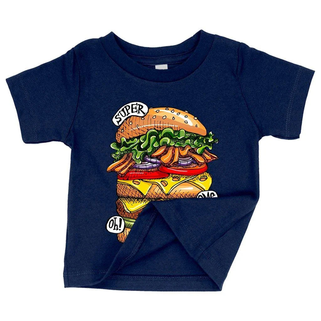 Adorable baby wearing a white t-shirt with a stylish burger design, perfect for food-loving tots
