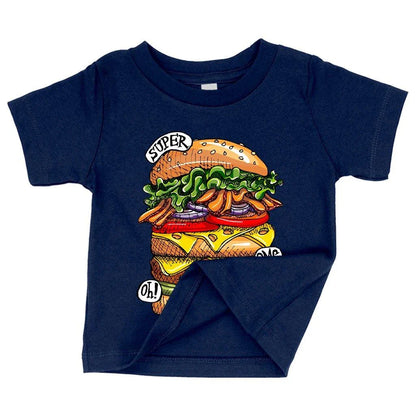 Adorable baby wearing a white t-shirt with a stylish burger design, perfect for food-loving tots
