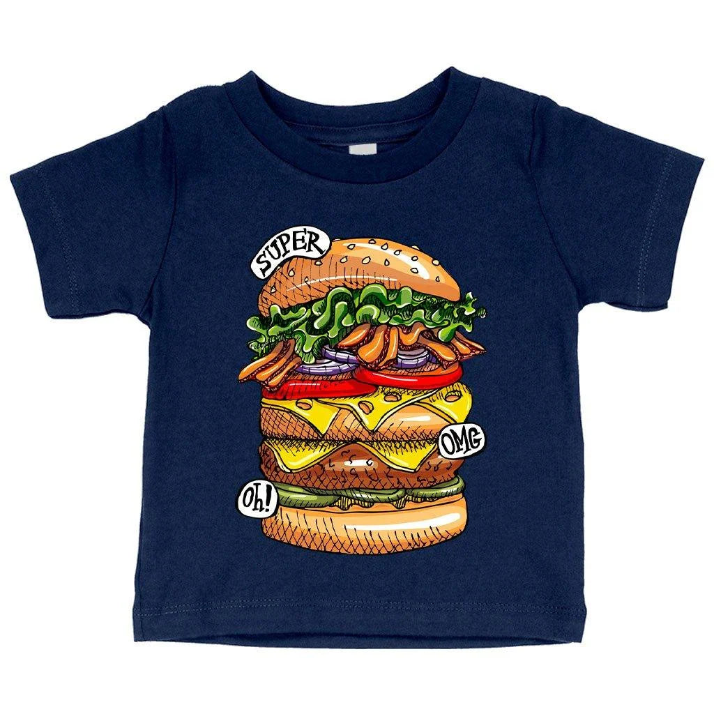 Adorable baby wearing a white t-shirt with a stylish burger design, perfect for food-loving tots