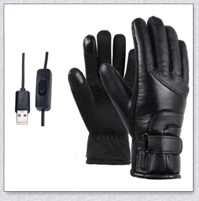 Heated gloves made from water-resistant PU material with soft coral fleece lining for warmth and comfort