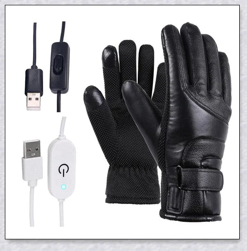 Heated gloves made from water-resistant PU material with soft coral fleece lining for warmth and comfort