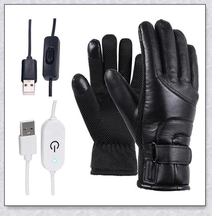 Heated gloves made from water-resistant PU material with soft coral fleece lining for warmth and comfort