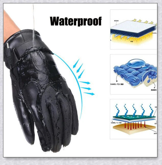 Heated gloves made from water-resistant PU material with soft coral fleece lining for warmth and comfort