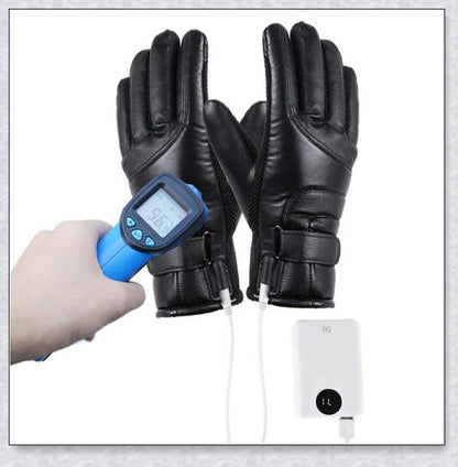 Heated gloves made from water-resistant PU material with soft coral fleece lining for warmth and comfort
