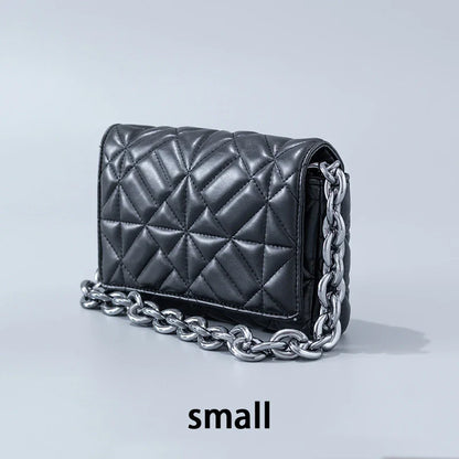 Lingge Small Bag in pink with a large gold chain, a stylish one-shoulder crossbody bag with a quilted design.