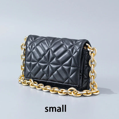 Lingge Small Bag in pink with a large gold chain, a stylish one-shoulder crossbody bag with a quilted design.