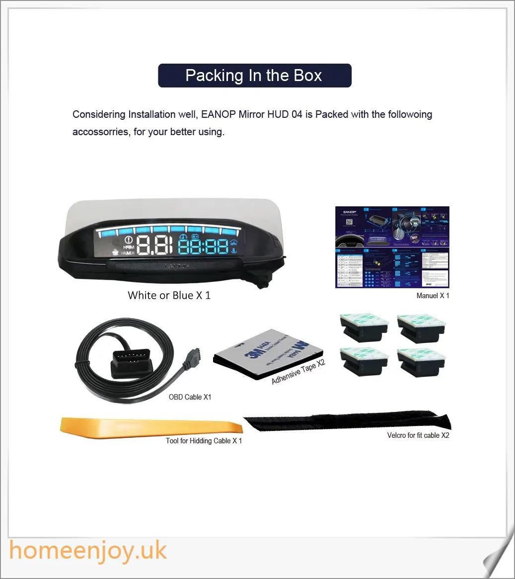 Eanop Hud Mirror 04 Car Head Up Display with OBD2 connection, windshield speed projection, and security alerts