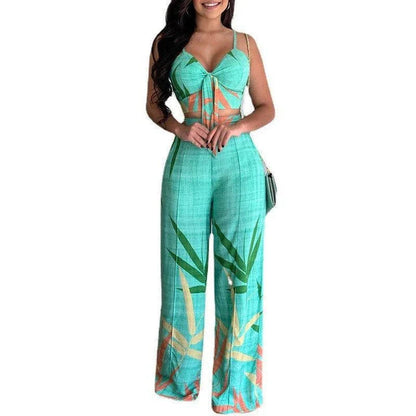 Stylish linen two-piece set with sleeveless V-neck vest and high-waist wide-leg pants in various colourways