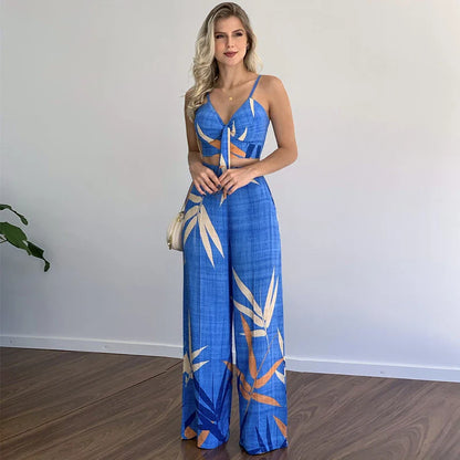 Stylish linen two-piece set with sleeveless V-neck vest and high-waist wide-leg pants in various colourways
