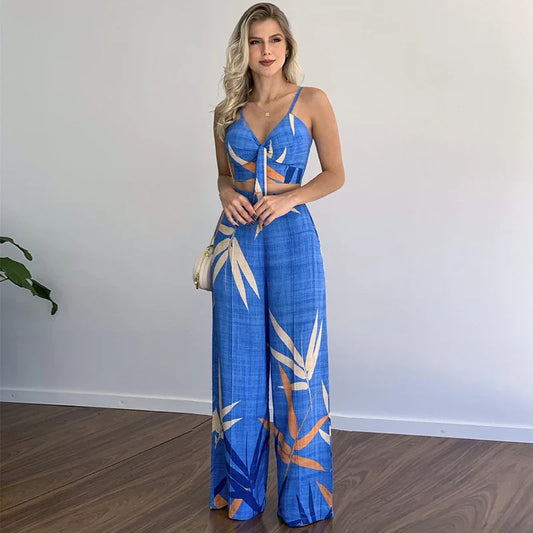 Stylish linen two-piece set with sleeveless V-neck vest and high-waist wide-leg pants in various colourways