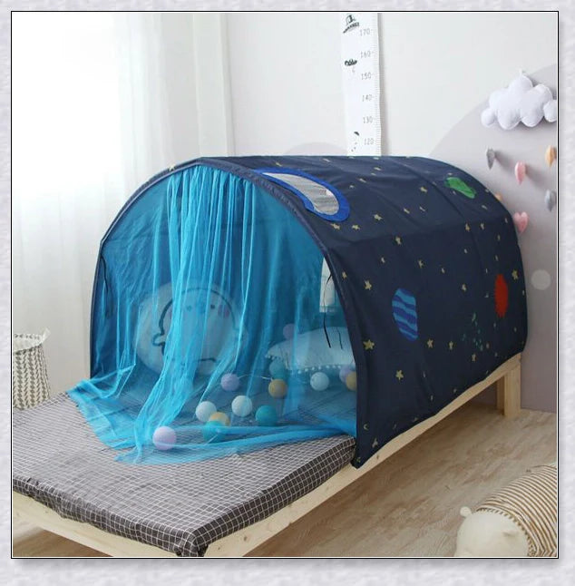 Premium indoor pop-up bed tent for kids in twin size, featuring a durable fibreglass frame and high-quality fabric for a safe and imaginative play space.