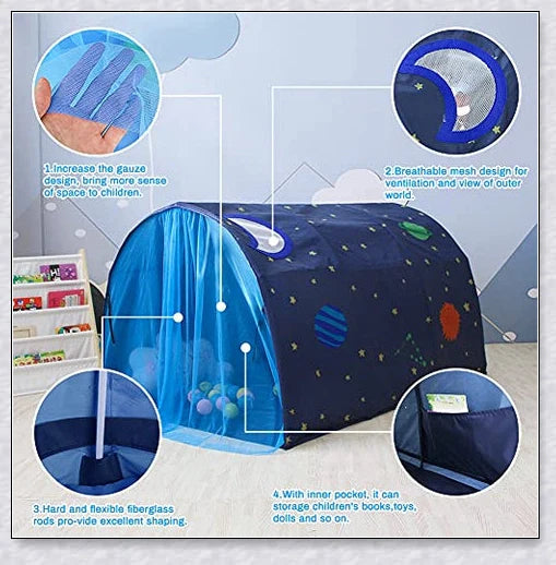 Premium indoor pop-up bed tent for kids in twin size, featuring a durable fibreglass frame and high-quality fabric for a safe and imaginative play space.