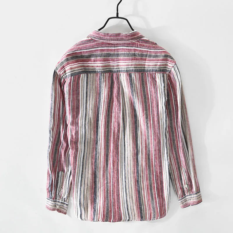 Men's grey striped linen shirt with long sleeves and loose casual fit