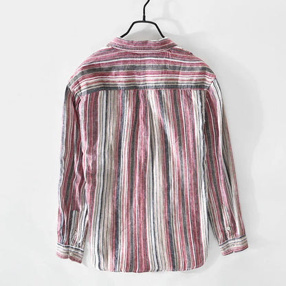 Men's grey striped linen shirt with long sleeves and loose casual fit