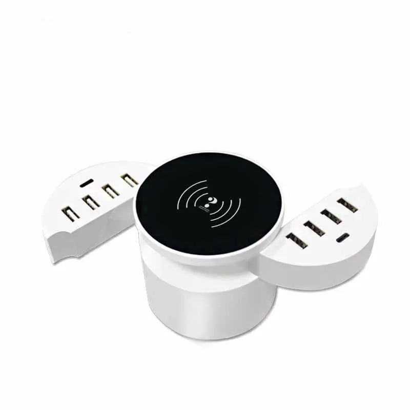 Ceramic white circular multi-port wireless phone charger with a 1.5 metre cable