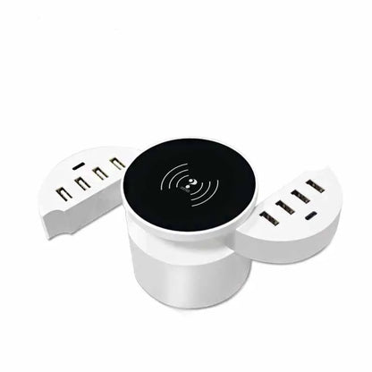 Ceramic white circular multi-port wireless phone charger with a 1.5 metre cable
