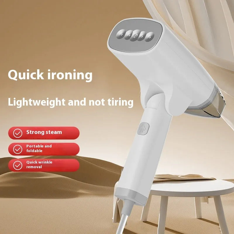 Blue handheld garment steamer with water tank, measuring 196mm long, on white background