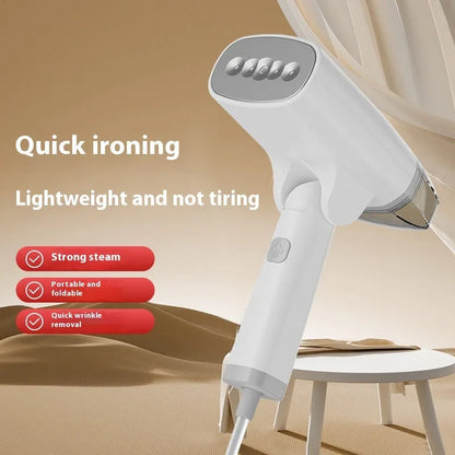 Blue handheld garment steamer with water tank, measuring 196mm long, on white background