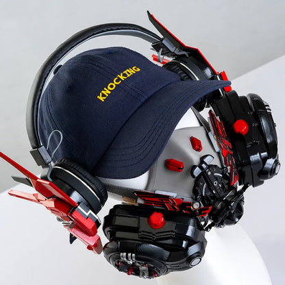 Men's wireless Bluetooth headphones with tech mecha design in red, blue, pink, and white colour options