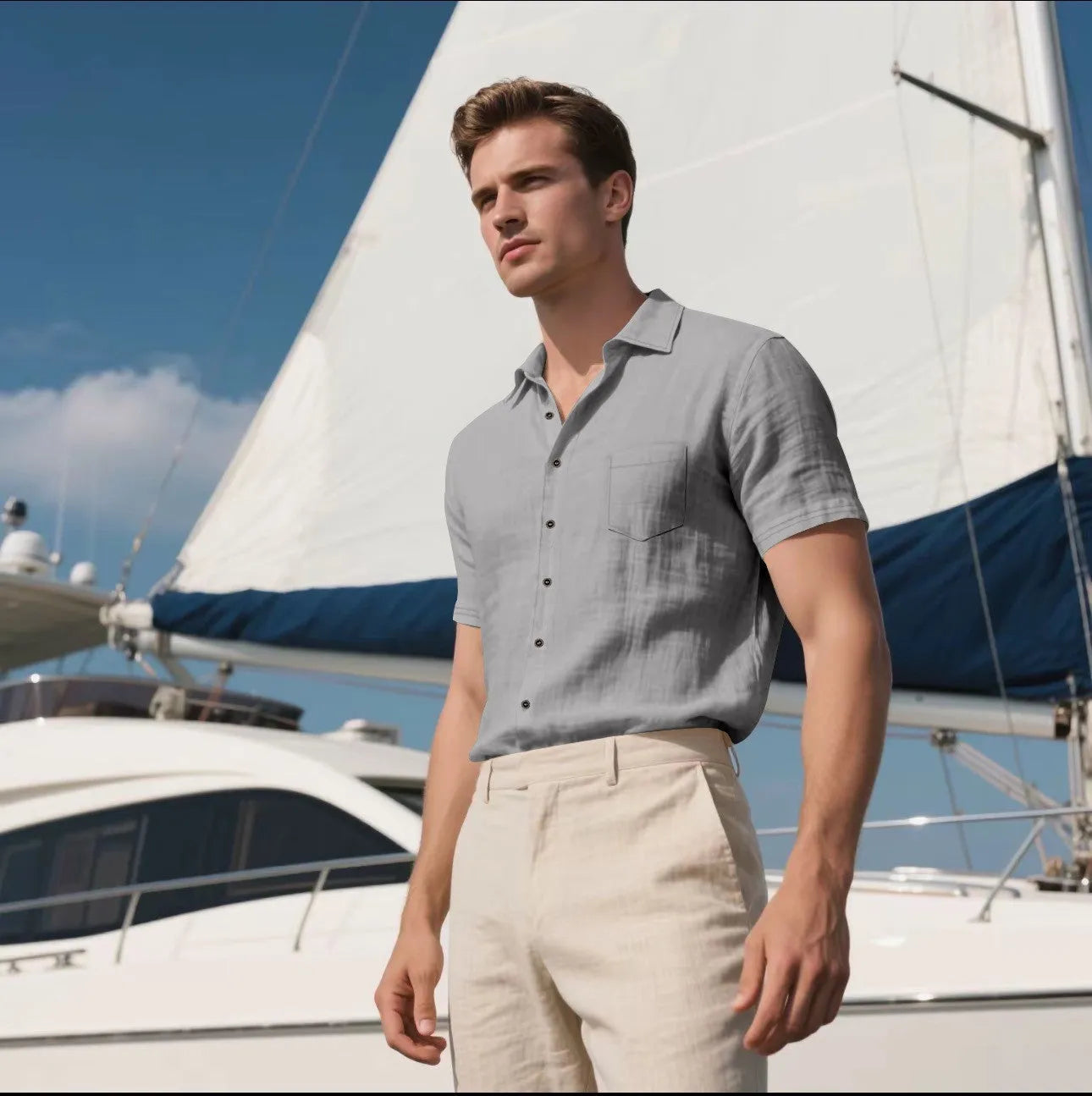Men's loose fit short-sleeved linen blend shirt in a cardigan style, shown in a solid colour.