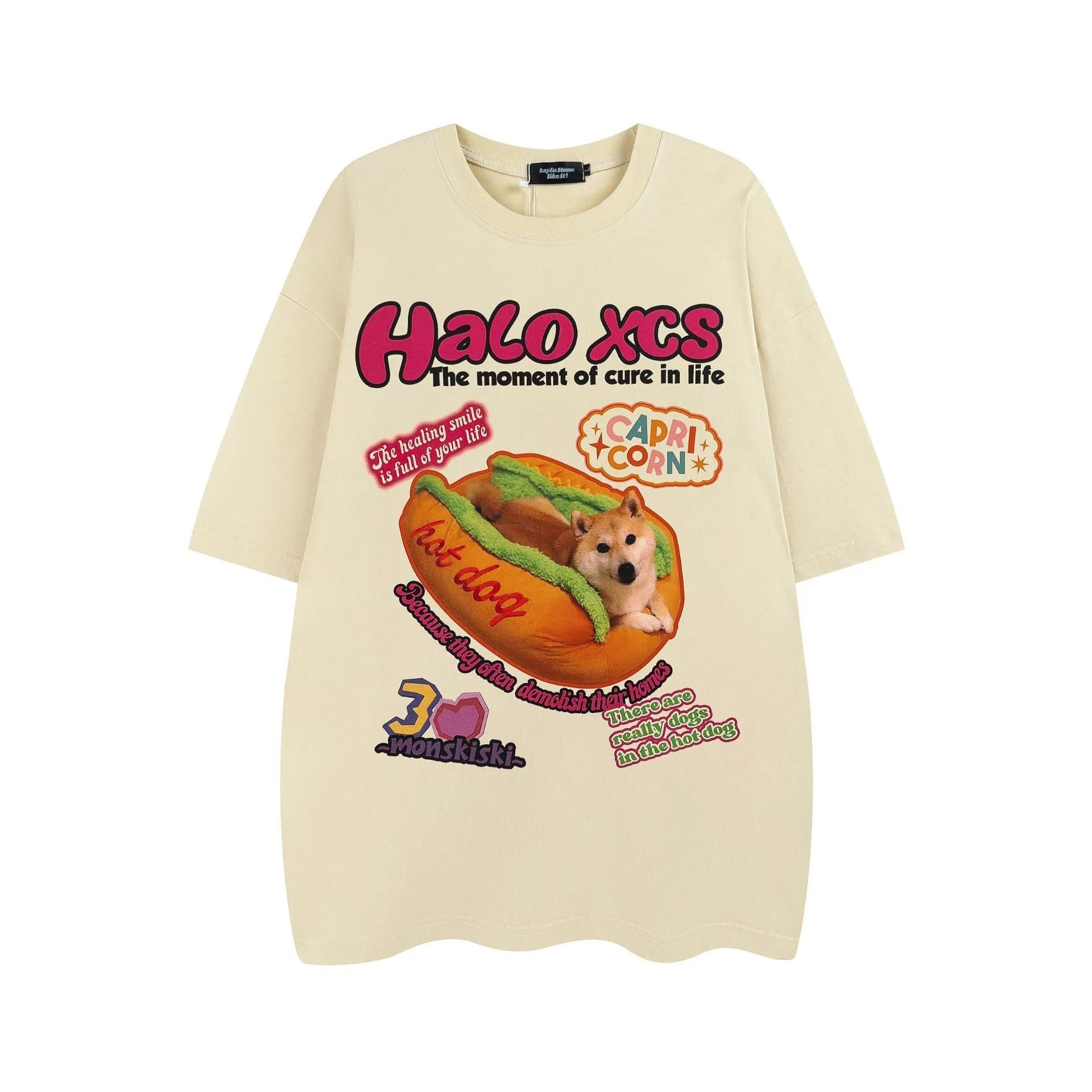 Cotton T-shirt with cartoon hamburger dog print in loose style, available in three colours