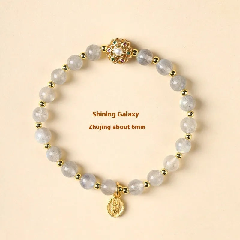 Hand-woven gray moonstone fairy lucky bracelet with sunstone and strawberry quartz peach blossom crystals
