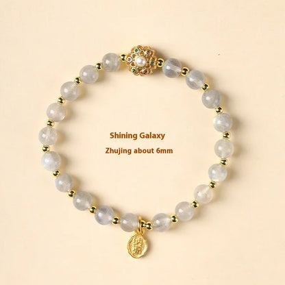 Hand-woven gray moonstone fairy lucky bracelet with sunstone and strawberry quartz peach blossom crystals