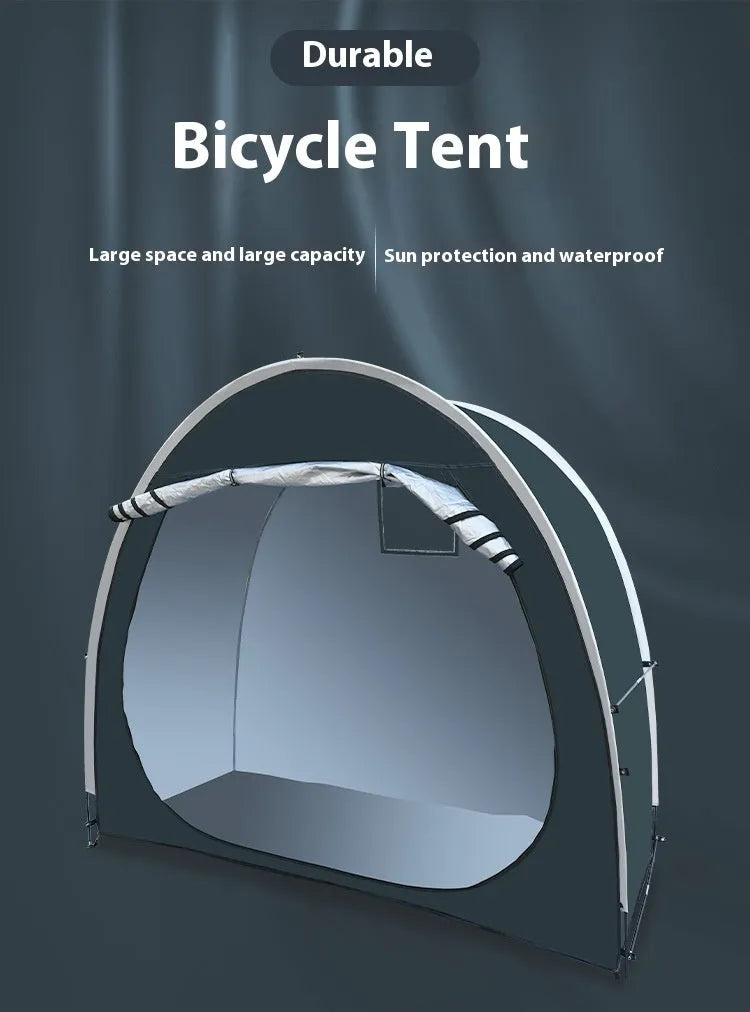 Large black outdoor roof tent for storing two bicycles, showing full assembly with brackets.