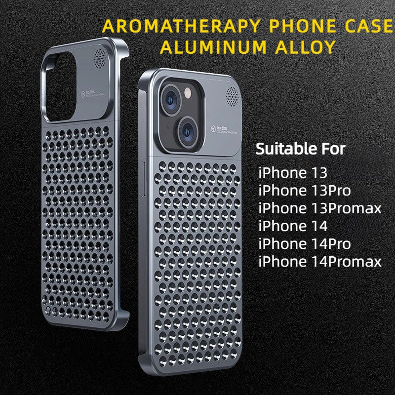 Aluminum alloy iPhone case with hollow design for heat dissipation and aromatherapy feature
